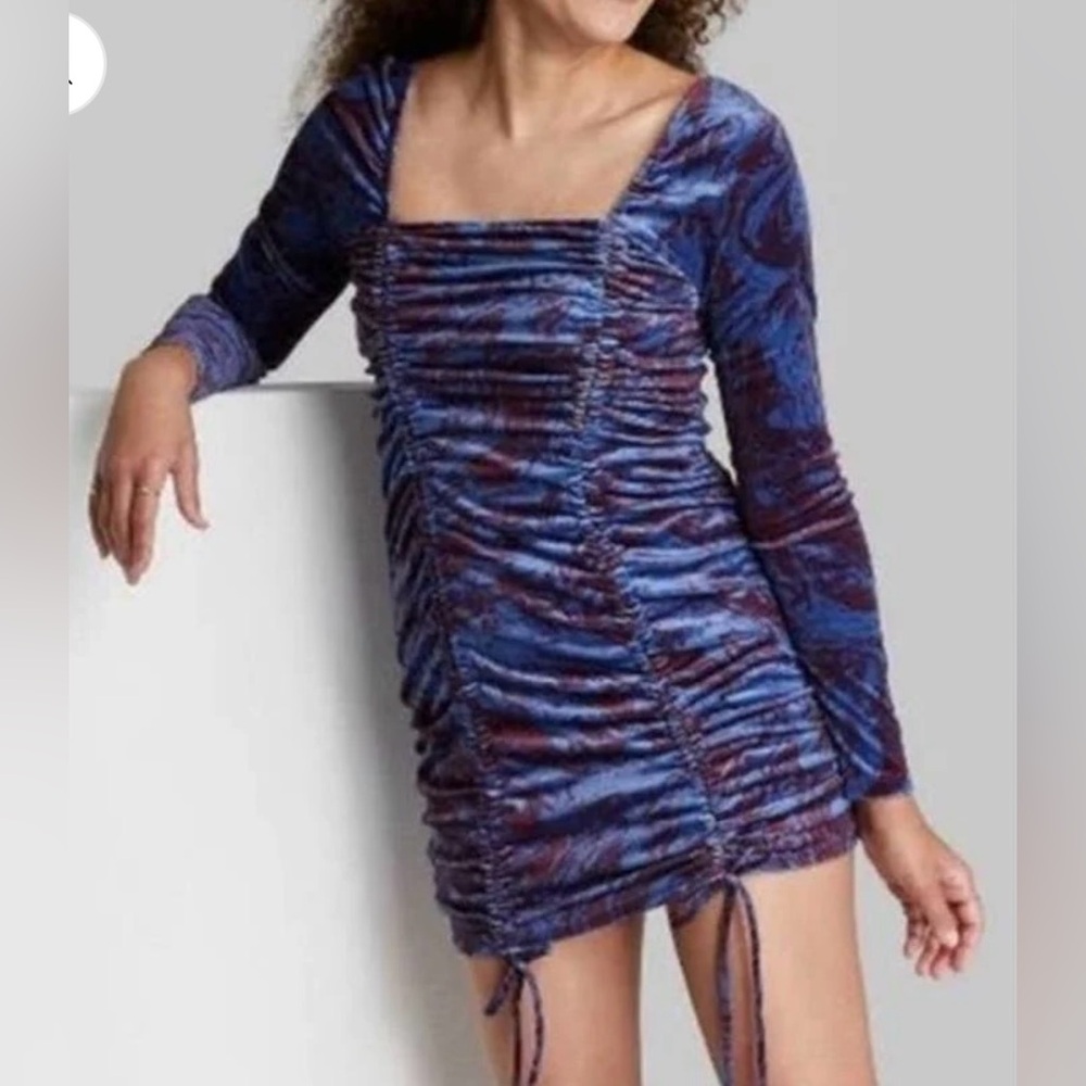 Wild Fable Velvet Rouched Bodycon Long Sleeve Mini Dress Size Large